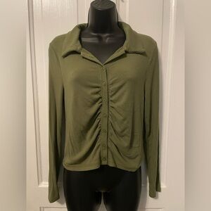 Ribbed Color Ruched Button Up